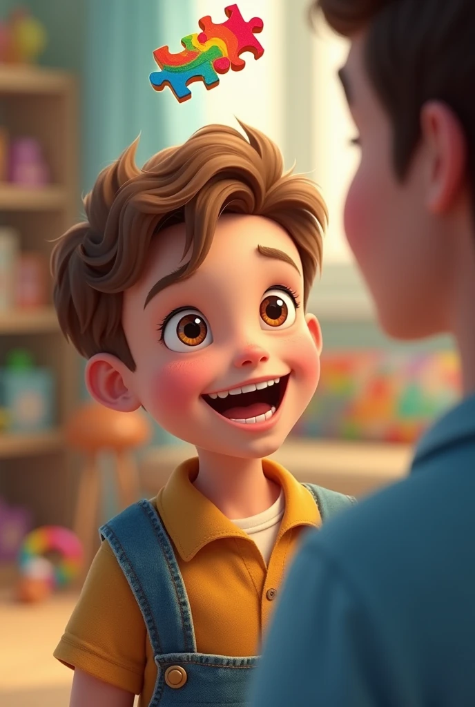 Boy light brown hair, bright light brown eyes, smiling without a lower right tooth, with colorful puzzle above his head, looking at a psychologist smiling and playing in a room with toys