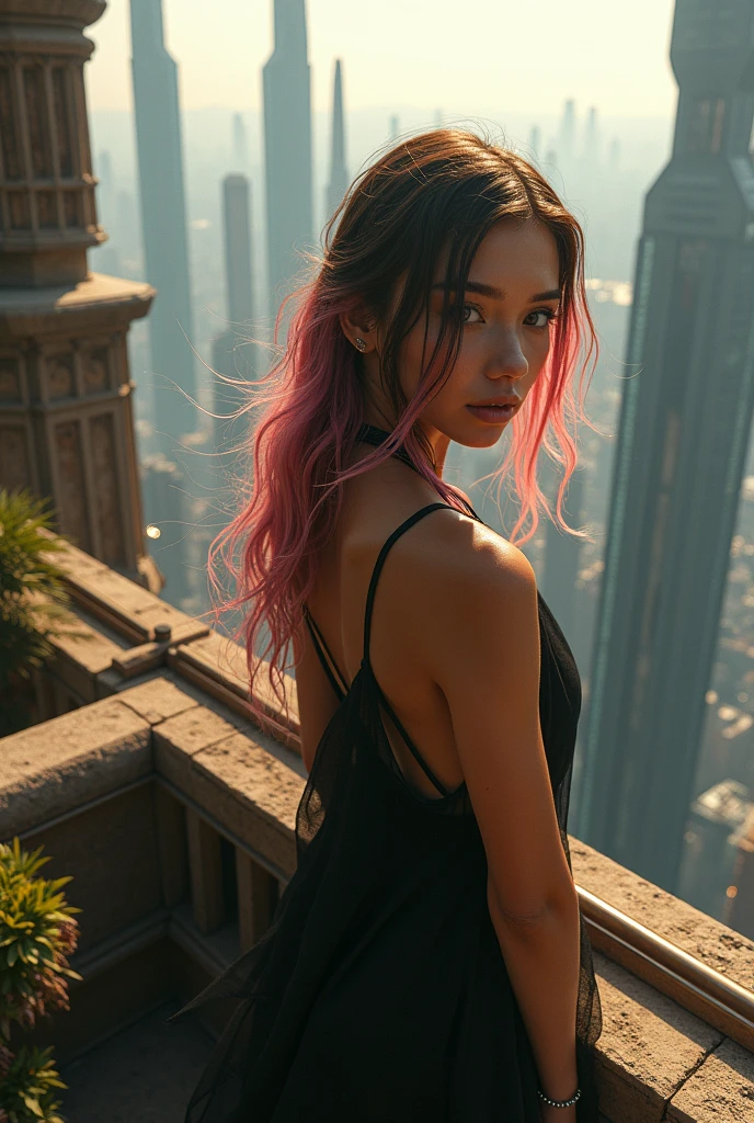 Closeup,Raining,wet hair,sun beams,lens flare,Closeup,Hailee steinfeld,Vertigo inducing photo,Panoramic, depth of field, futuristic buildings,girl looking down from really high skyscraper. Brown and pink hair, Madison beer,Tall futuristic glass skyscrapers , Rooftop garden,Futuristic cityscape,black see through flowing dress,,Woman,a woman with long brown hair,view of a futuristic city from above, mandelbulb architecture, detailed futuristic architecture, giant towering pillars, fractal buildings, mandelbulb 3 d buildings, star wars architecture, tall obsidian architecture, buildings covered with greebles, stunning sci-fi concept art, surreal sci fi architecture, by Peter Gric, the last guardian skinny towers, megastructures,