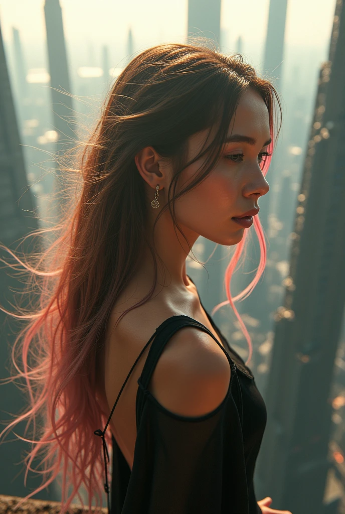 Closeup,Raining,wet hair,sun beams,lens flare,Closeup,Hailee steinfeld,Vertigo inducing photo,Panoramic, depth of field, futuristic buildings,girl looking down from really high skyscraper. Brown and pink hair, Madison beer,Tall futuristic glass skyscrapers , Rooftop garden,Futuristic cityscape,black see through flowing dress,,Woman,a woman with long brown hair,view of a futuristic city from above, mandelbulb architecture, detailed futuristic architecture, giant towering pillars, fractal buildings, mandelbulb 3 d buildings, star wars architecture, tall obsidian architecture, buildings covered with greebles, stunning sci-fi concept art, surreal sci fi architecture, by Peter Gric, the last guardian skinny towers, megastructures,