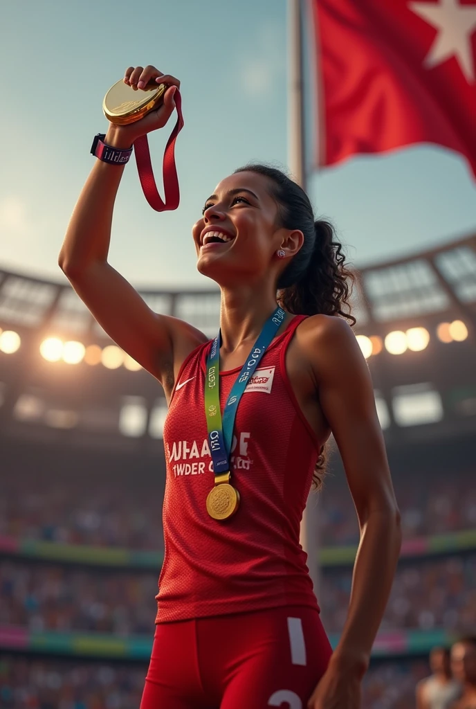 Visualize an athlete on the Olympic podium, the high point of the celebration, with the national flag in the background and a cheering crowd. The athlete is standing with a big smile, proudly holding the gold medal. on wrist, a modern smartwatch is visible, displaying a vibrant display that shows heart rate monitoring in detail.
On the smartwatch screen, dynamic charts and numbers are clearly visible, demonstrating the athlete's heart rate. This data may include the current frequency, heart rate variability graphs and even training zones, highlighting the importance of continuous monitoring during the event and the accuracy of the data collected. The combination of the emotion of the podium and advanced technology on the athlete's wrist underscores not only the sporting achievement, but also the vital role of technology in elite preparation and performance.