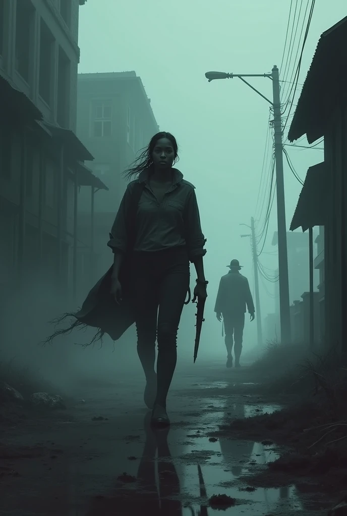 Make a Walking Dead style zombie book cover with a dark-skinned protagonist, The title :"The Mist Walkers"