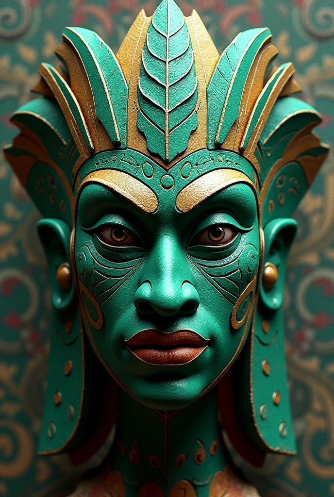 Pre-Hispanic mask of the god Quetzalcoatl, green with halftones and engraved with flat colors in cubist style