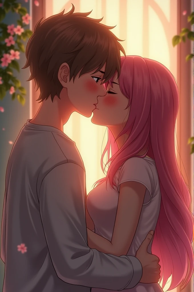 Young man with light brown straight hair kissing a woman with pink hair