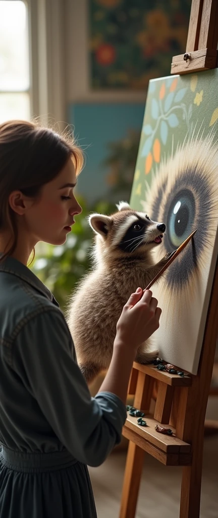 A mesmerizing and enchanting scene showcasing a talented artist in her studio, capturing the essence of a cute, extra fluffy baby raccoon. The raccoon, portrayed from a side perspective, is depicted growling, revealing its intricate fur and expressive eyes. The artist, with her brush delicately painting the raccoon's eye onto a lifelike canvas, demonstrates her incredible skill in replicating the raccoon's depth and complexity. The background reveals her well-lit studio, filled with various paintings and art supplies, creating a serene and artistic atmosphere. The overall ambiance of the scene is captivating and inspiring, showcasing the artist's exceptional talent in capturing the beauty of the natural world.