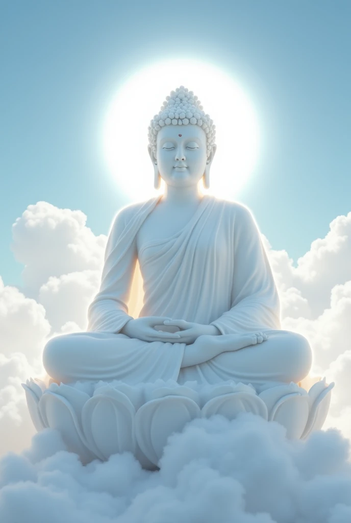 Realistic Buddha statue formed by white clouds with white light edge, natural shadow, blue sky, surrounded by white clouds, fairy aura,,