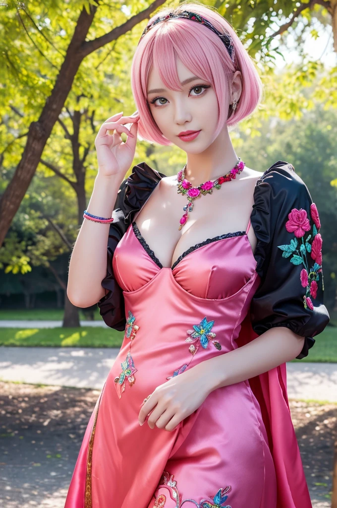 (masterpiece:1.4), (best quality:1.4), ultra high res, ultra high resolution, ((detailed facial features)), HDR, (realistic, photorealistic, photo-realistic:1.37), full body Esbian, sexy swedish model, (-anime), only 1 model, vivid colors, ((vivid colors colorful (pink, lime, light blue) very short hair)), sexy smile, lipgloss, long lashes, defined eyebrows, wearing large sparkling colorful jewelery, wearing a red silk Paradise Kiss cosplay dress with black floral embroidery, ((vivid colors outfit)), vivid colors, look at the camera, cinematic light, large park background with trees, sweet and sexy pose