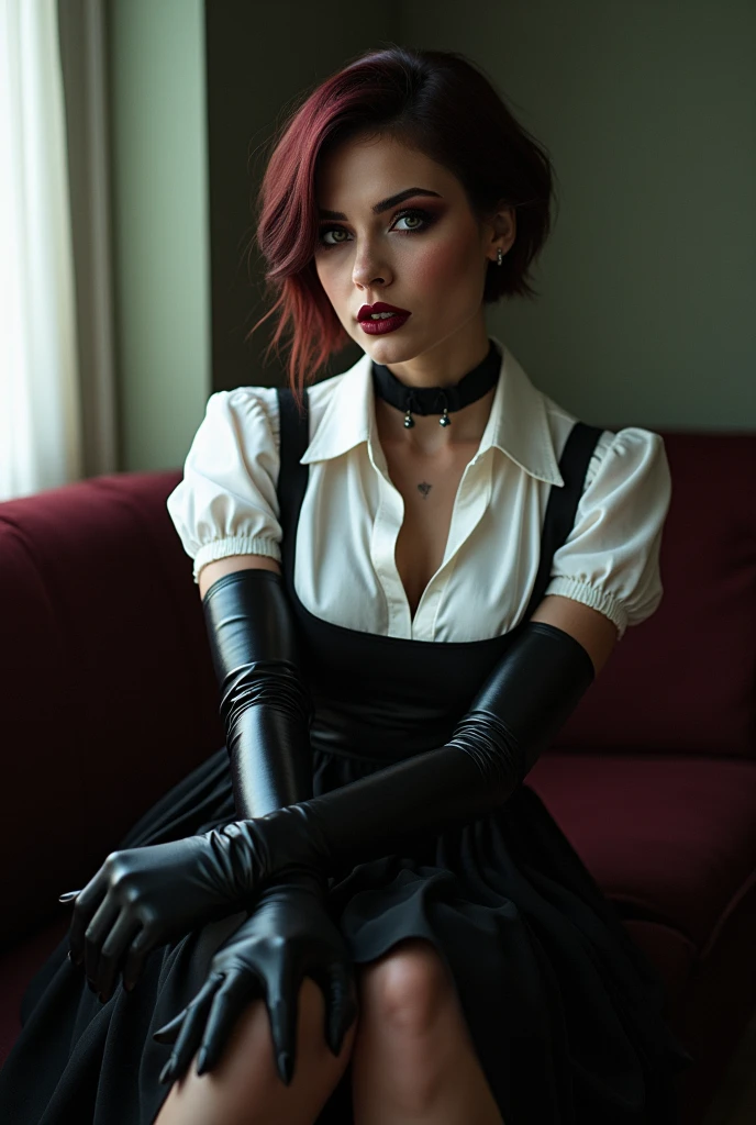professionally color graded photograph. Fetish. Erotica A sexy, busty Ukrainian woman. vampire fangs. with short dark auburn paige cut wig. smoky eyeshadow. black eyeliner. deep red lips. Winter evening. Wearing white blouse with collar and short sleeves. cleavage. wearing black Knee length pleated skirt. wearing nylon pantyhose. black high heel shoes with ankle straps. (wearing black rubber dress apron over blouse). (Wearing aimpit length shiny black latex gloves). tightly fitted gloves, no wrinkles. Arms completely covered in black latex gloves. Sitting demurely on sofa, inside old apartment in Russia. Lights turned off. Light from window. (view from front). POV eye level. (smiling shows vampire fangs). Eye contact. ektachrome, 50mm lens. accurate proportions