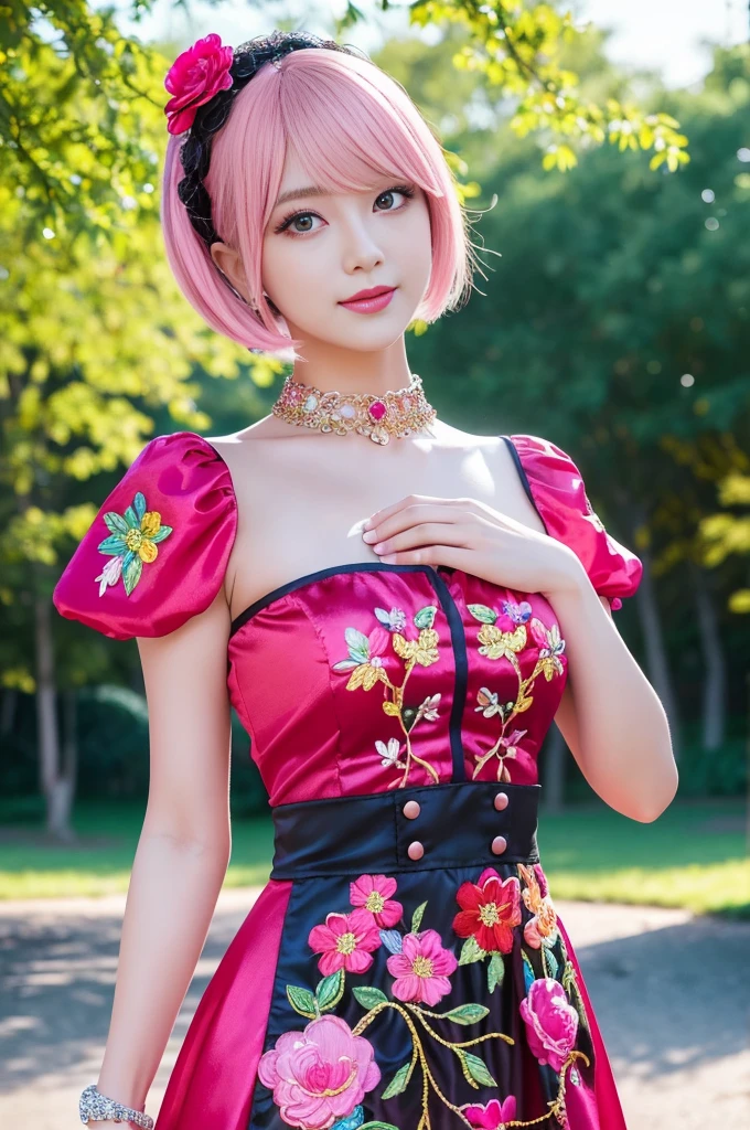 (masterpiece:1.4), (best quality:1.4), ultra high res, ultra high resolution, ((detailed facial features)), HDR, (realistic, photorealistic, photo-realistic:1.37), full body Esbian, sexy swedish model, (-anime), only 1 model, vivid colors, ((vivid colors colorful (pink, lime, light blue) very short hair)), sexy smile, lipgloss, long lashes, defined eyebrows, wearing large sparkling colorful jewelery, wearing a red silk Paradise Kiss cosplay dress with black floral embroidery, ((vivid colors outfit)), vivid colors, look at the camera, cinematic light, large park background with trees, sweet and sexy pose
