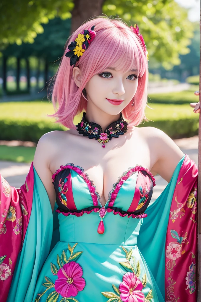 (masterpiece:1.4), (best quality:1.4), ultra high res, ultra high resolution, ((detailed facial features)), HDR, (realistic, photorealistic, photo-realistic:1.37), full body Esbian, sexy swedish model, (-anime), only 1 model, vivid colors, ((vivid colors colorful (pink, lime, light blue) very short hair)), sexy smile, lipgloss, long lashes, defined eyebrows, wearing large sparkling colorful jewelery, wearing a red silk Paradise Kiss cosplay dress with black floral embroidery, ((vivid colors outfit)), vivid colors, look at the camera, cinematic light, large park background with trees, sweet and sexy pose