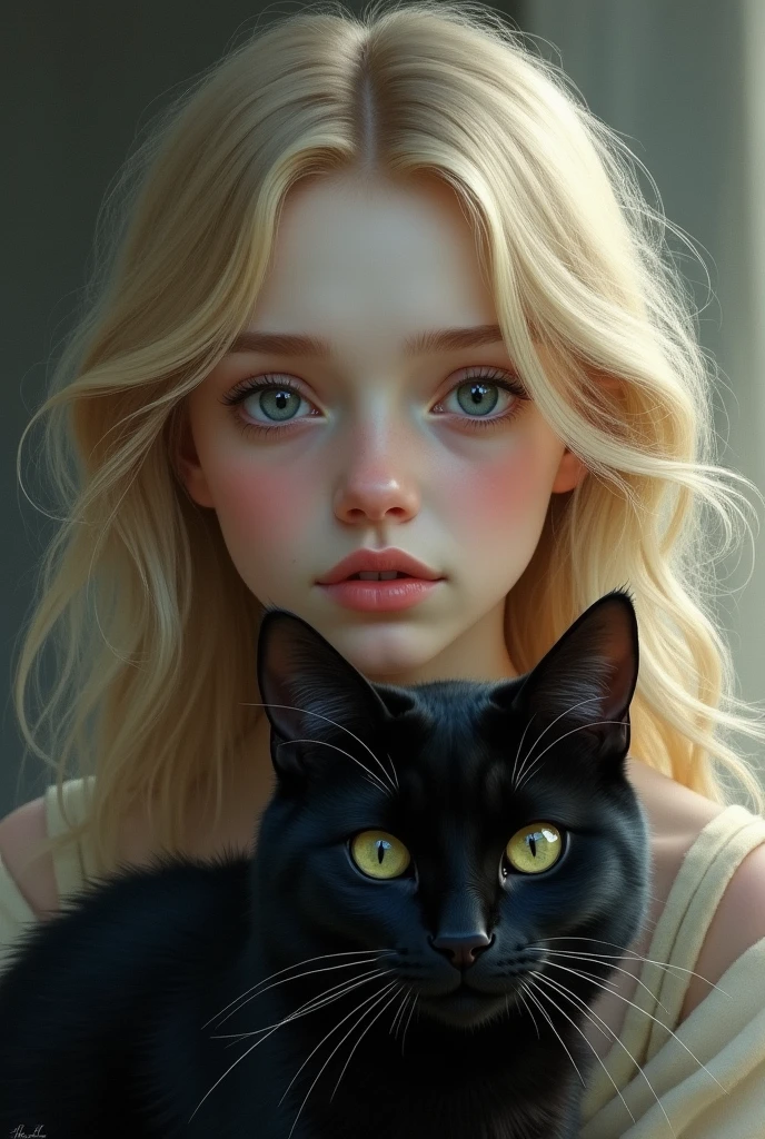 Girl with grey eyes, Blonde with a black cat 