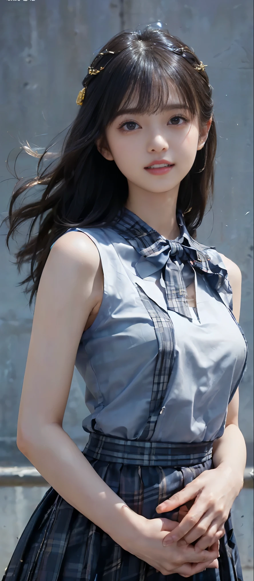 (Highest quality, masterpiece:1.2), Highest quality, Realistic, photograph, High resolution, 1080P, 8k, Physical Rendering, ((height: 155cm、Slim and slender style、medium firm chest)), ((((((A beautiful fashion model featured in a Japanese fashion magazine、Look directly at the viewer)))))), (((big, Very fine, Beautiful dark brown eyes))), ((((Everyone loves me、They are Laughter at me.!)))), Detailed fingers, (((length, Curled bangs))), ((((Very noble and cute eyes, Every detail is carefully drawn)))), ((double eyelid)), (((length eyelashes))), ((cute、Adorable、Adorable、Laughter、Laughter頬)), ((Pure white light hits my nose and cheeks. Her eyes and the white skin of her face are beautifully white........)), (((((Her face is very expressive、With a noble smile。, so sweet, very smart))))), ((((A striking plain navy large school ribbon bow tie)))), ((((Beautiful long black hair blowing in the strong wind、Hair fluttering in the strong wind)))), (((((((She is wearing a formal long pleated skirt, She flips up her blue and navy tartan check to reveal her beautiful breasts)))))), ((((The size is a bit small、When she lifts up her white sleeveless shirt with a gold emblem, she shows off her beautiful small breasts.、Full upper body nude)))), ((As elegant as a noble princess)), ((From before,The shirt is pulled up to reveal a fully nude upper body、Create a striking image showing off your breasts..))