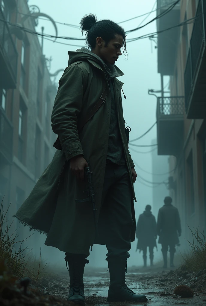 Make a Walking Dead style zombie book cover with a dark-skinned protagonist, The title :"The Mist Walkers"