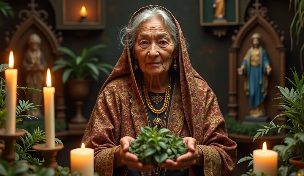 Create an ultra-realistic image of a traditional Brazilian healer, 70 years old dressed in exquisite clothes. She is performing a blessing ritual. The healer holds a bundle of herbs, like rue and basil, In your hands. His expression is serene and focused as he performs the ritual.. in the background candles, aromatic herbs, various saints, demonstrating energy and blessing