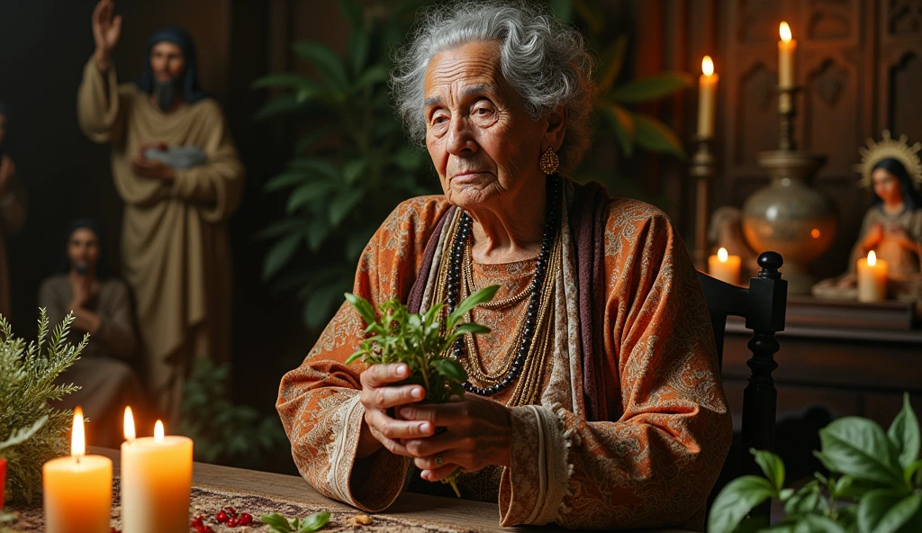 Create an ultra-realistic image of a traditional Brazilian healer, 70 years old dressed in exquisite clothes. She is performing a blessing ritual. The healer holds a bundle of herbs, like rue and basil, In your hands. His expression is serene and focused as he performs the ritual.. in the background candles, aromatic herbs, various saints, demonstrating energy and blessing