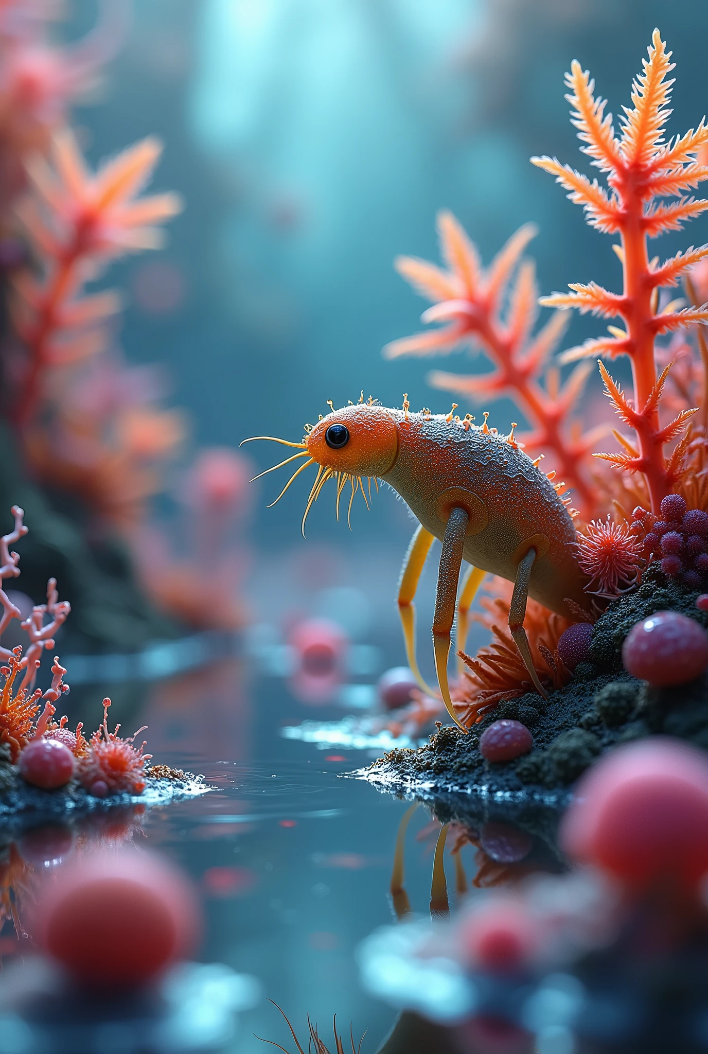 macro shot of microscopic life in water, more colorful, style like amanita design