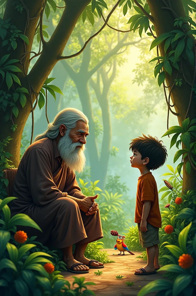 Young boy asking to question to old man in jungle