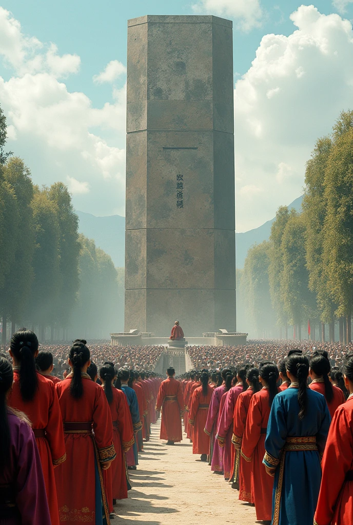 "Create an outdoor testing square with a large, ancient-looking stone monument displaying magical results. The square is filled with a crowd of people in traditional Chinese clothing. The atmosphere is tense and expectant."