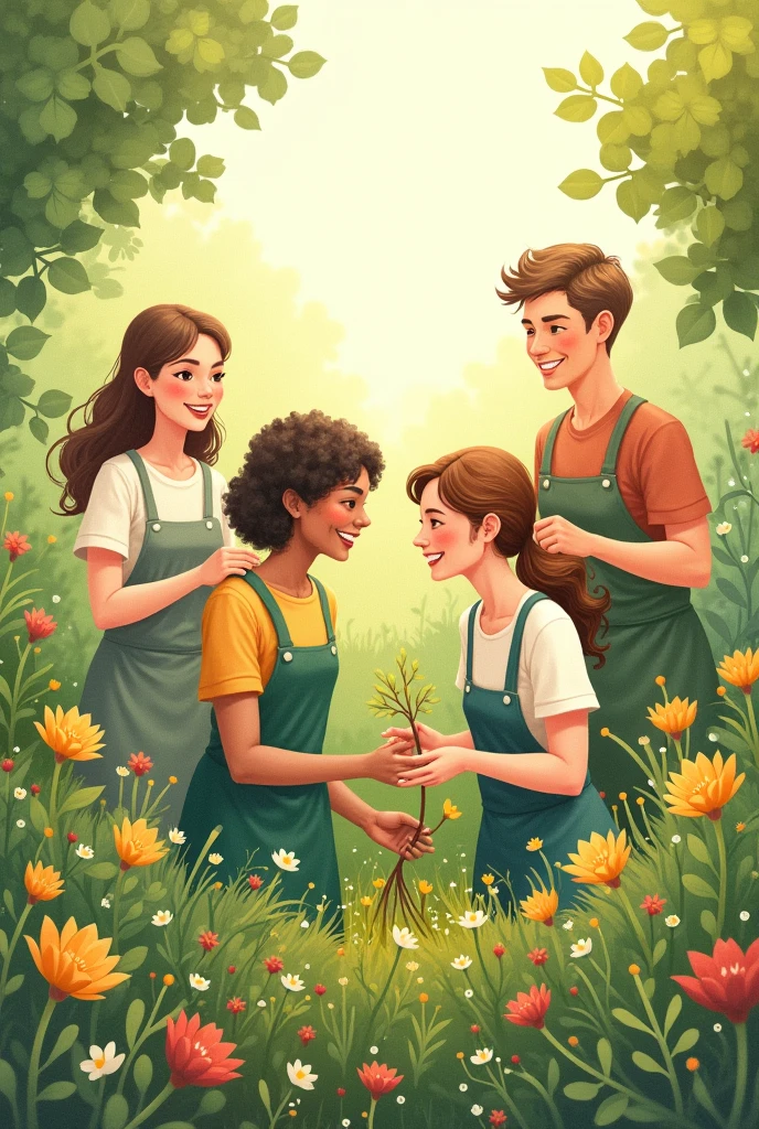 Women and men working in a garden, cute and tender drawing