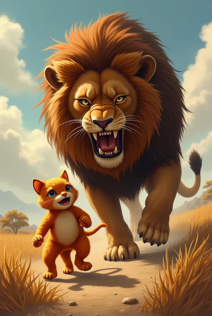 an orange father cat and his son during traveling suddenly a Big angry lion comes and father cat and son scared so badly
