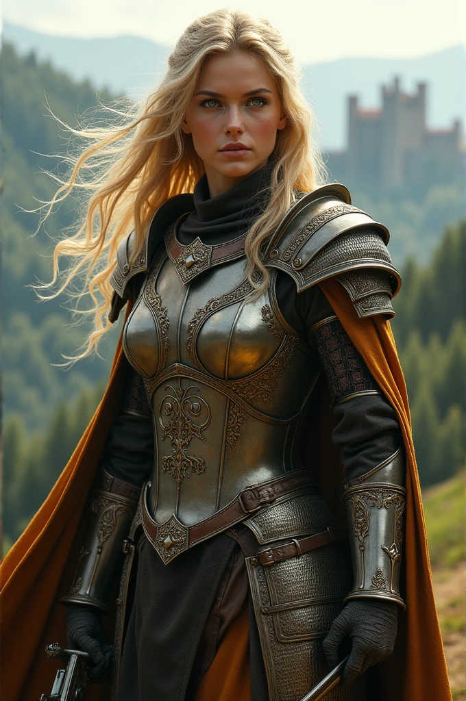 A very beautiful blonde medieval European character with blonde hair and green eyes with a sword and a gun, she is strong and fearless