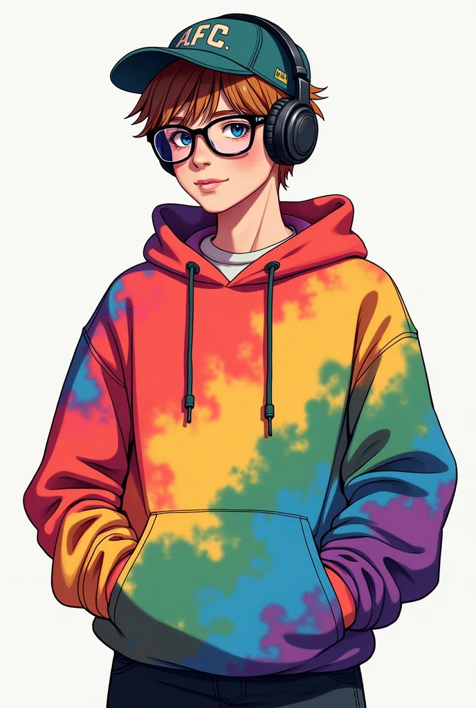 Brown-haired male character has glasses, headphones, and a cap and a sweatshirt in many colors (almost like a rainbow painting) and he has black pants.