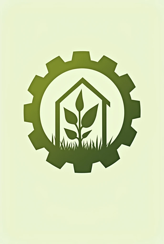 Half gear, on the inside, where a greenhouse emerges from the inside with a single plant in the center, in a color mix between moss green and olive green, in a minimalist model with fine and medium lines, that can be used as a logo, where the company name is AgEstufa - Agricultural Greenhouses