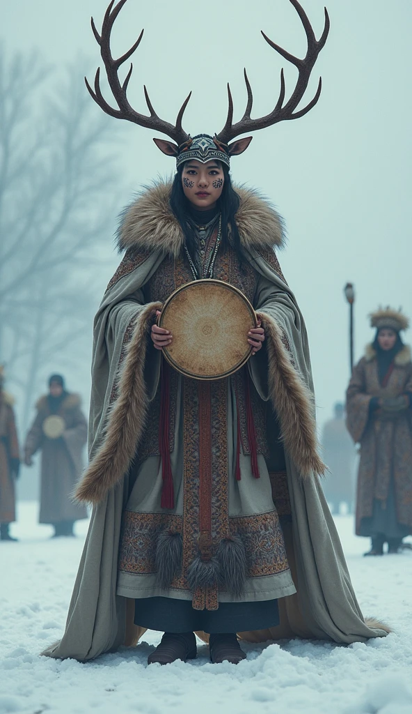 Mongolian Queen shaman deer antler winter clothing . shaman drum.