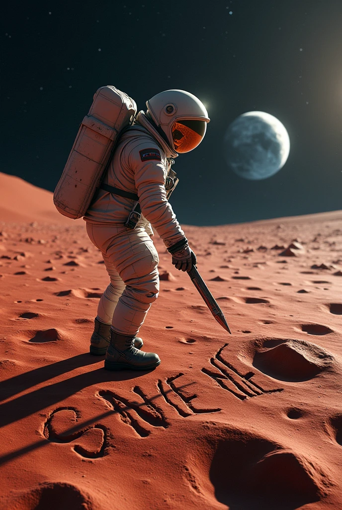 Man on the red moon carving the words " Save me " on the red moon