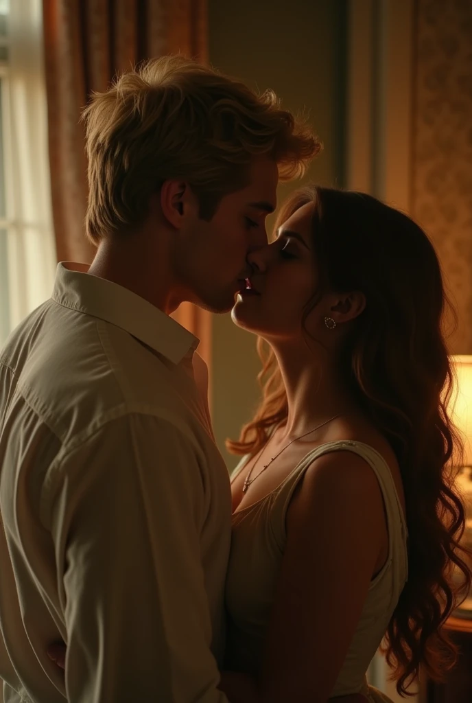 "A passionate and intense moment where Edward and Violet share a kiss. Edward, with his blond hair slightly tousled, wearing a white shirt, leans forward, his eyes closed, and his lips pressed against Violet's. Violet, with her long wavy hair flowing down, dressed in a simple nightgown, responds to the kiss with equal intensity. The background shows a softly lit bedroom from the late 19th century, with warm lighting from a bedside lamp casting gentle shadows. The mood is intimate and romantic, capturing the deep connection between them. --ar 16:9"