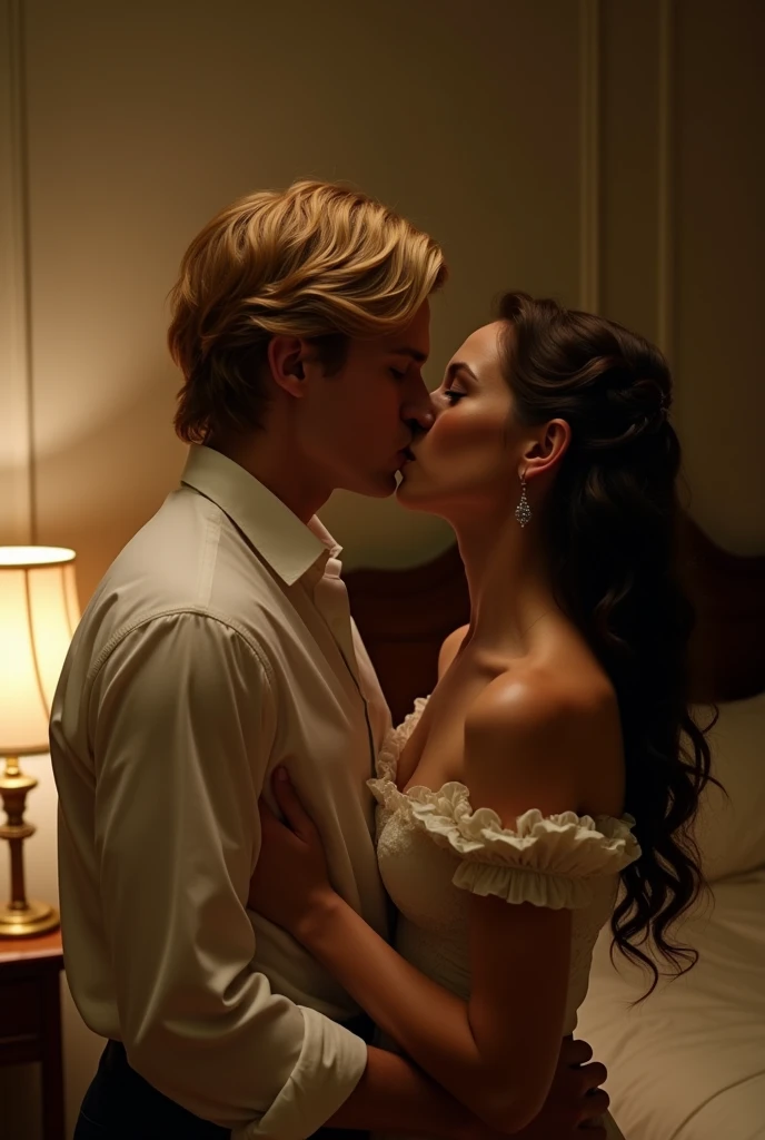 "A passionate and intense moment where Edward and Violet share a kiss. Edward, with his blond hair slightly tousled, wearing a white shirt, leans forward, his eyes closed, and his lips pressed against Violet's. Violet, with her long wavy hair flowing down, dressed in a simple nightgown, responds to the kiss with equal intensity. The background shows a softly lit bedroom from the late 19th century, with warm lighting from a bedside lamp casting gentle shadows. The mood is intimate and romantic, capturing the deep connection between them. --ar 16:9"