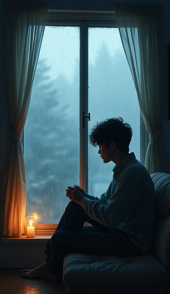 A reflective scene with someone looking out of a window during a rainy day, contemplating life's changes and focusing on personal development and happiness."