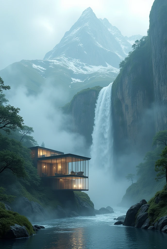 In between the waterfall a glass house at peak and large mountains covered with smoke clouds and fogg