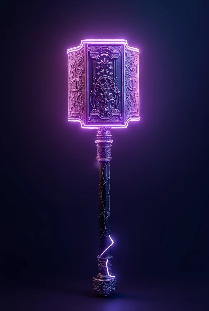 K-pop style light stick with a lightning bolt on the handle in an intricate hammer-shaped design in black and purple. With the inscription "Drown!ng moon". The light emanating from the wand should illuminate the hammer, highlighting its fine and detailed structure, resulting in a mesmerizing and unique shine.