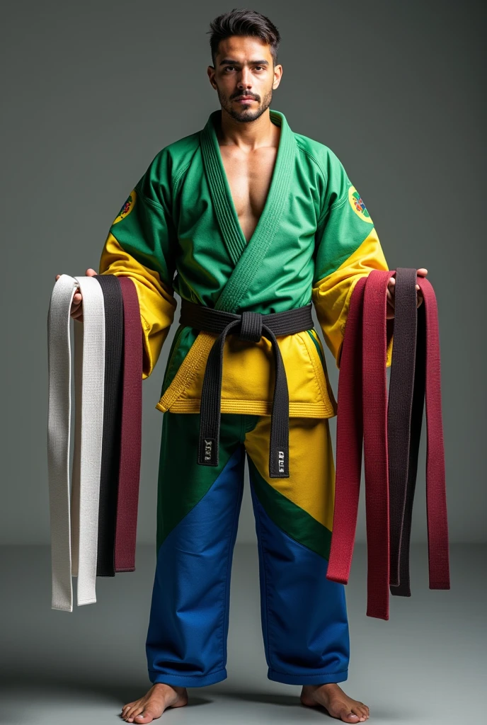 A man in a jiu-jitsu kimono the color of the Brazilian flag , with a black jiu-jitsu belt tied around his waist, on the mat, carrying eight jiu-jitsu belts in his hands, in white colors,   gris ,Yellow,   orange juice, Unripe,  cerulean,  roxa , maroon