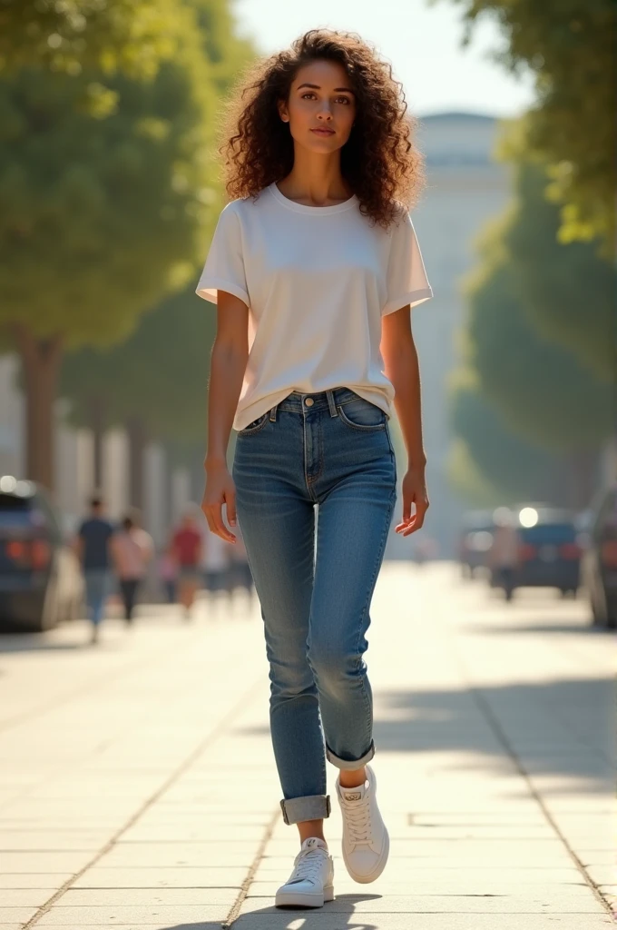 Une fille qui est entrain de marcher  la fille a un t-shirts  blanc  a manche courte elle a un pantalons  en jean en bleu des chaussures  Nike blanche la fille a les cheveux  bouclé  est la couleur de ses cheveux  est du marron  sa couleur de peau est mate