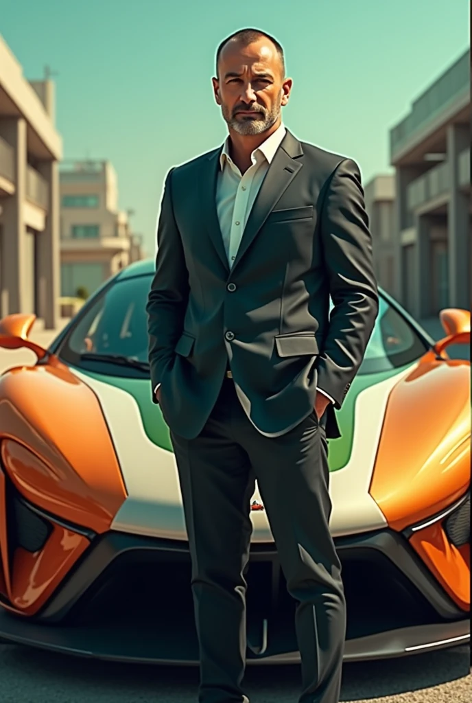A man in front of an orange, white and green car