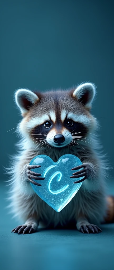 A mesmerizing conceptual photograph featuring a fluffy baby raccoon, capture in the act of growling while clutching a 3D logo of "Love" with its paws. The transparent blue-aqua glass logo, with the letter "C" delicately placed inside, gleams in the foreground. The raccoon's adorable face exudes both cuteness and fierce determination, creating an enchanting contrast. The monochromatic blue background fosters a tranquil and soothing atmosphere, accentuating the glowing logo. This captivating image, ideal for a poster or wildlife photography exhibit, masterfully blends the realms of nature and design., photo, wildlife photography, conceptual art, poster