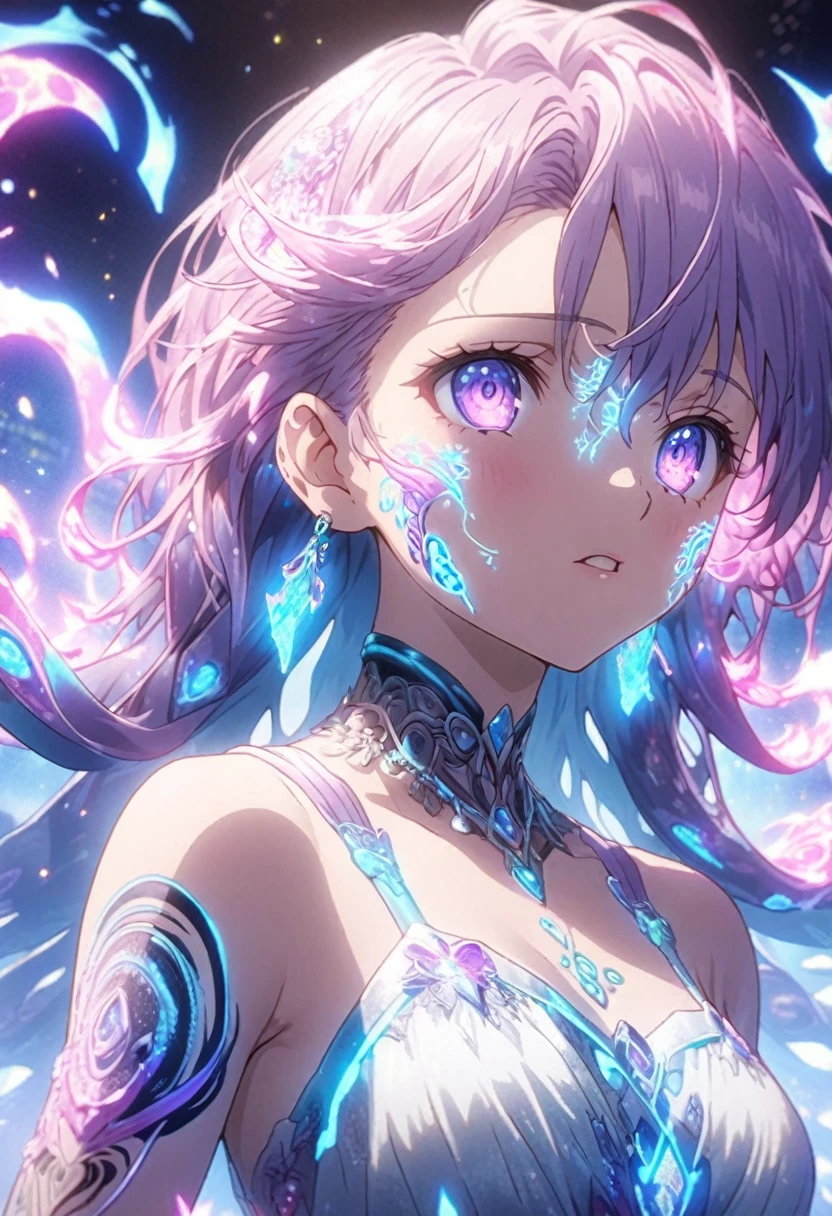 Close-up of face、Anime Screenshots、 Artistic anime illustration of a woman with glowing neon flame tentacle tattoos on her face。 The tattoos on his face and arms are a mix of purple and dark.、It emits a neon light。 The girl has long, flowing hair、She is wearing a white off-the-shoulder, stomach-flattering dress.、This scene has a dreamy soft focus effect.、 It emphasizes the fantastic shine of the tattoo.、