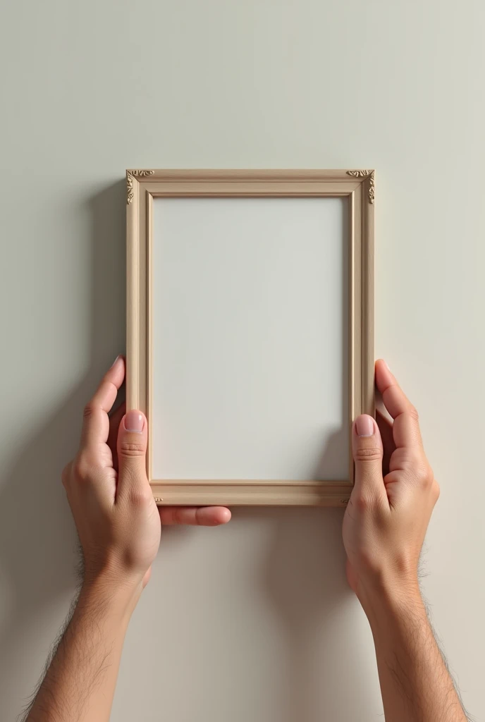 real life hands holding a picture frame near a wall