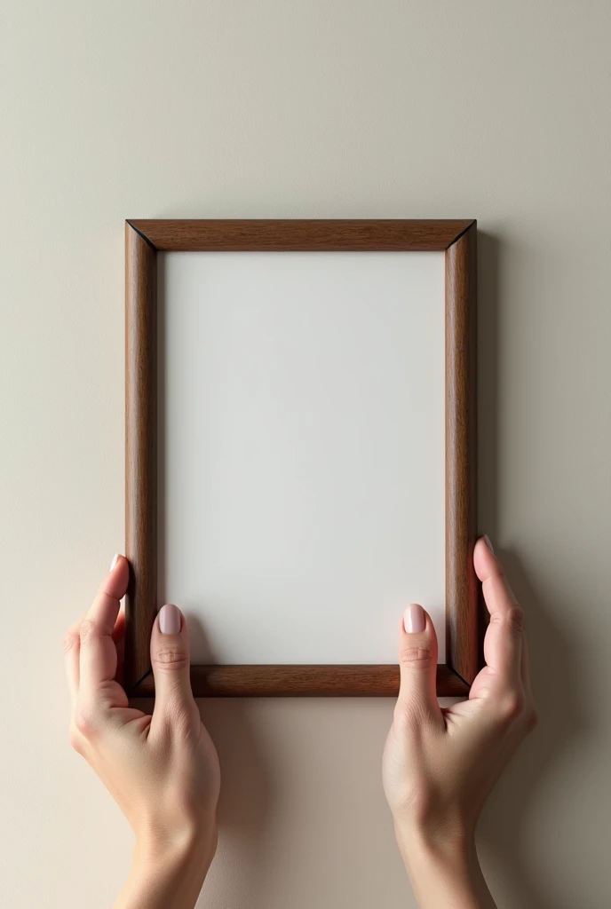 real life hands holding a picture frame near a wall