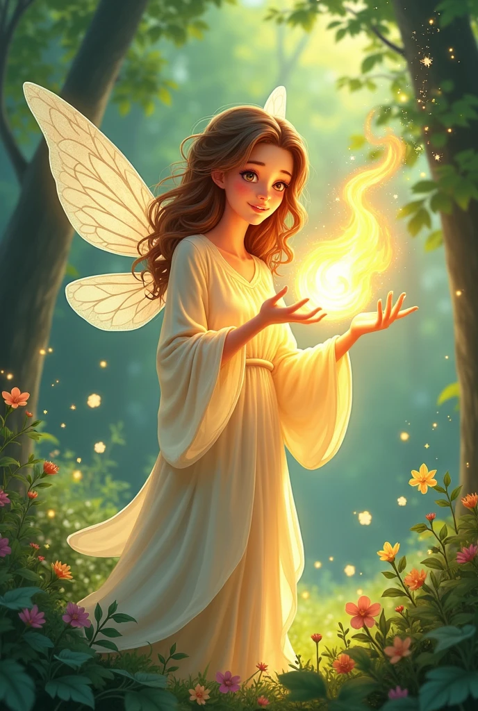 A healing fairy summoning a fireball and healing in cartoon style