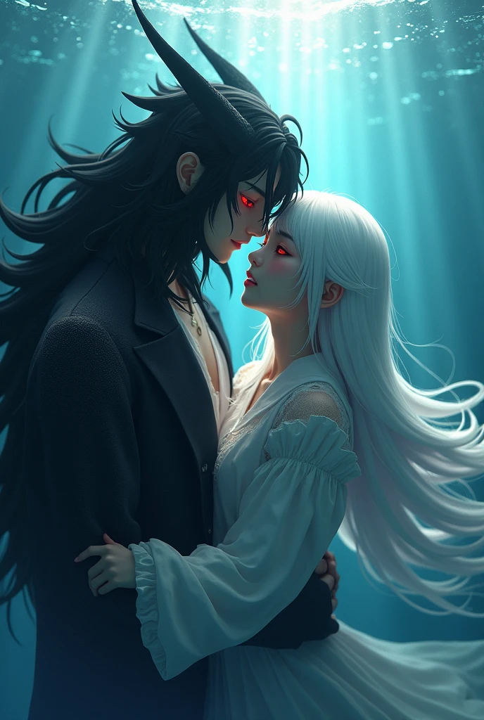 create a realistic 3d korean manga of bts CHARACTERS by Taehyung: Imagine an underwater scene, where sunlight gently penetrates the surface of the water, Creating an ethereal effect. in the deep sea, a korean woman is wrapped in her boyfriend&#39;s arms, Taehyung with hybrid black dragon appearance. The woman has long white hair that flows gracefully around her face., and your red eyes, shine brightly even in the darkness of the ocean. V has big long hair