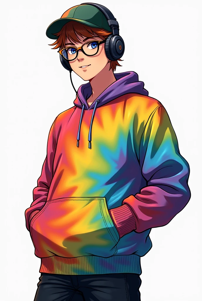 Brown-haired male character has glasses, headphones, and a cap and a sweatshirt in many colors (almost like a rainbow painting) and he has black pants.