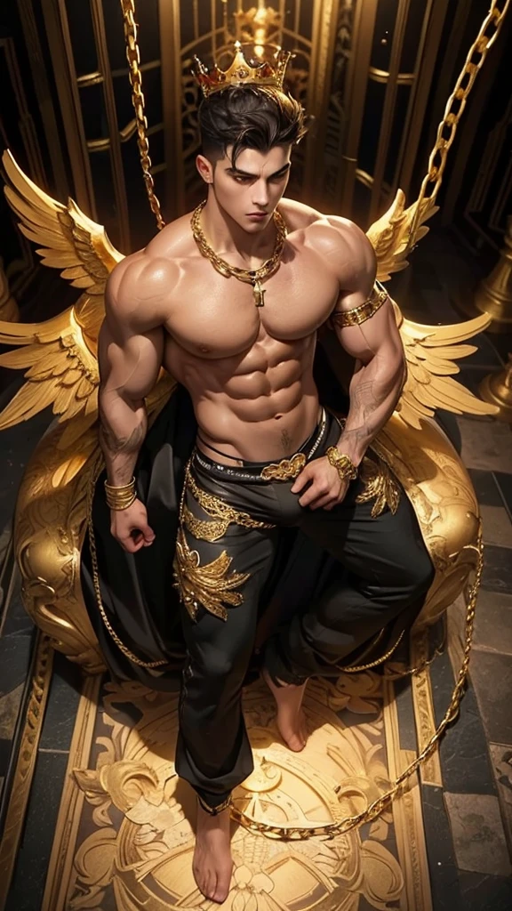 A muscular handsome young man is imprisoned in a darkest place, extremely muscular body, perfect body, large chest, largest pectorals, big nipples, well-defined abs, shiny smooth skin, Sexy gaze, (looking at the viewers romantically), sexy posture, he is bathed in golden sacred light coming from above, (a gold crown on his head, his body is shackled with gold chains, hands and neck are shackled with golden chains, a pair of angelic golden colour wings on his back, full tattooed body, a voluptuous golden brief, (bulge: 1.2)). He has short black hair. This scene looks like something out of the realm of fantasy or legend seen from above, (full body view),