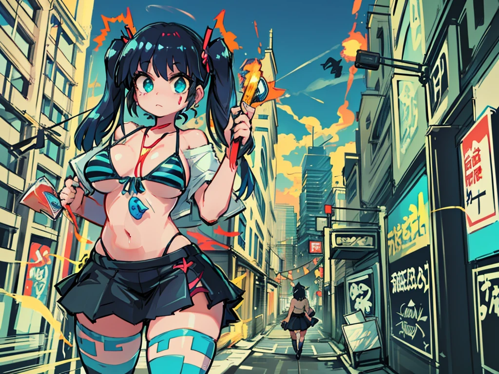 Comics Style,digital figure of beautiful female character, Anime Style, Futuristic tribal tattoo style design on body, 真剣な顔とVery detailedアートワーク, Graffiti Style Destroyed City Landscape in Focus, (Beautiful and vivid background:1.2), ( Eyes and face with attention to detail:1.3), (T-shirt or Dress:1.3), (Beautiful and vivid background:1.2), (Very detailed, Very detailed, Best Shadow:1.1),Exposing shoulders, (White Background:0.5), (figure :1.1), (Very beautiful and lovely girl:1.1, Hime cut twin tails, Greenish black hair, Striped Bikini, mini skirt, Holding a large metal hammer with a gimmick, Dynamic movement, Thighs), (Perfect detail:1.1), Great painting ,Graffiti Style , outside, Vibrant, Great painting ,high quality, sticker art, digital figure, Comic book style, Centered, Approaching perfection, dynamic, Very detailed, Concept Art, Smooth, Sharp focus, figure, dynamic, Very detailed,