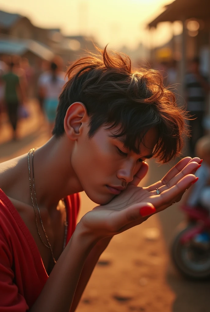 A handsome young white Indonesian man aged 20 years with messy hair sleeping on the palm of a beautiful woman with red nails with orange sunlight, background of crowds in the village, everything looks detailed, ultra HD, focus, 16K