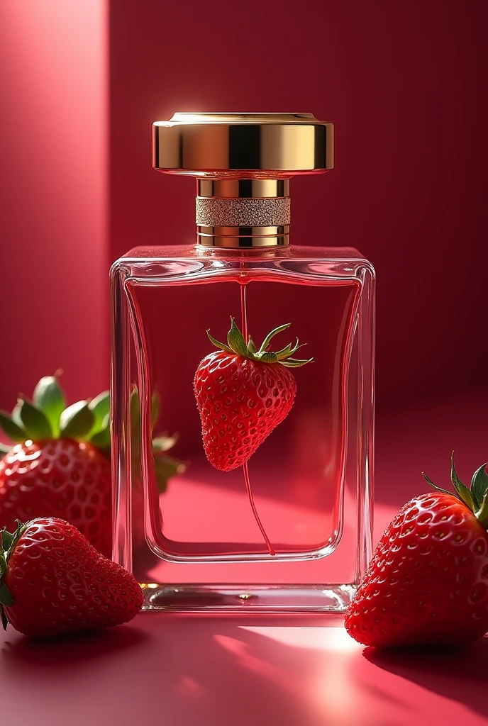 Create a perfume packaging inspired by Ariana Grande's model and with a strawberry and raspberry logo