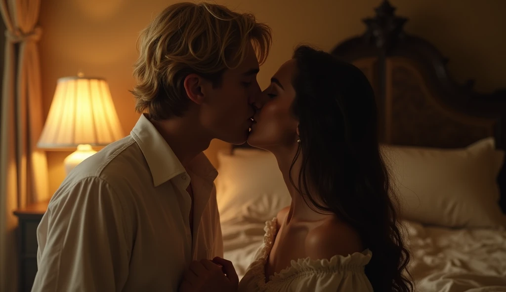 "A passionate and intense moment where Edward and Violet share a kiss. Edward, with his blond hair slightly tousled, wearing a white shirt, leans forward, his eyes closed, and his lips pressed against Violet's. Violet, with her long wavy hair flowing down, dressed in a simple nightgown, responds to the kiss with equal intensity. The background shows a softly lit bedroom from the late 19th century, with warm lighting from a bedside lamp casting gentle shadows. The mood is intimate and romantic, capturing the deep connection between them. --ar 16:9"