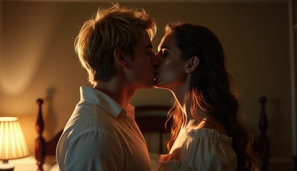 "A passionate and intense moment where Edward and Violet share a kiss. Edward, with his blond hair slightly tousled, wearing a white shirt, leans forward, his eyes closed, and his lips pressed against Violet's. Violet, with her long wavy hair flowing down, dressed in a simple nightgown, responds to the kiss with equal intensity. The background shows a softly lit bedroom from the late 19th century, with warm lighting from a bedside lamp casting gentle shadows. The mood is intimate and romantic, capturing the deep connection between them. --ar 16:9"