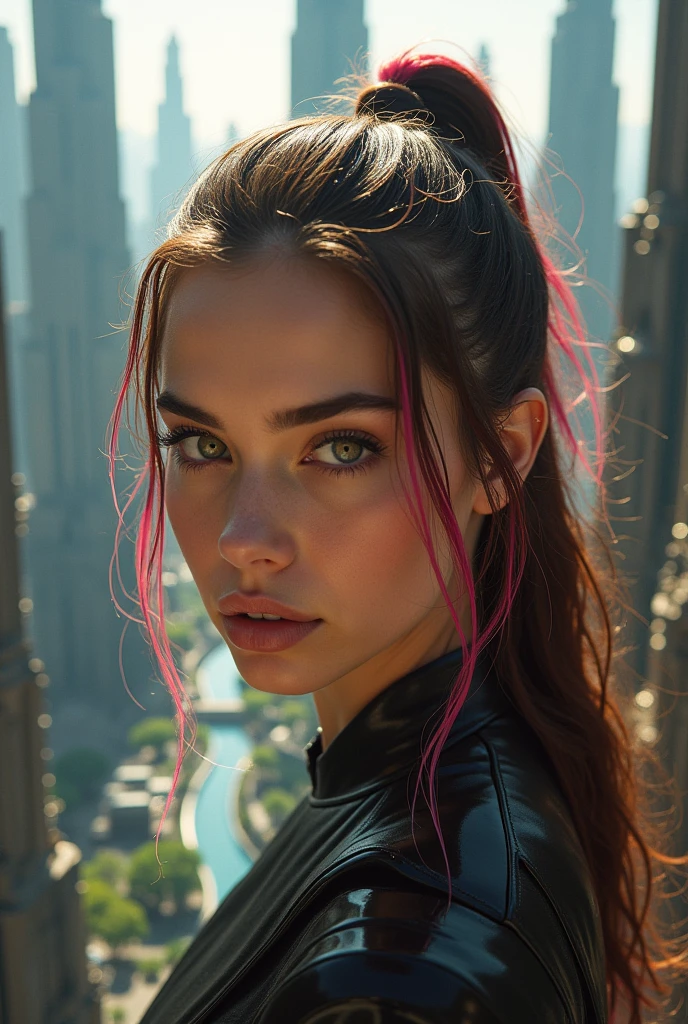 Hailee steinfeld looking at viewer,Closeup,Raining,wet hair,sun beams,lens flare,Closeup,Hailee steinfeld,Vertigo inducing photo,Panoramic, depth of field, futuristic buildings,really high skyscraper. Brown and pink hair, Madison beer,Tall futuristic glass skyscrapers , Rooftop garden,Futuristic cityscape,black see through flowing dress,,Woman,a woman with long brown hair,view of a futuristic city from above, mandelbulb architecture, detailed futuristic architecture, giant towering pillars, fractal buildings, mandelbulb 3 d buildings, star wars architecture, tall obsidian architecture, buildings covered with greebles, stunning sci-fi concept art, surreal sci fi architecture, by Peter Gric, the last guardian skinny towers, megastructures,